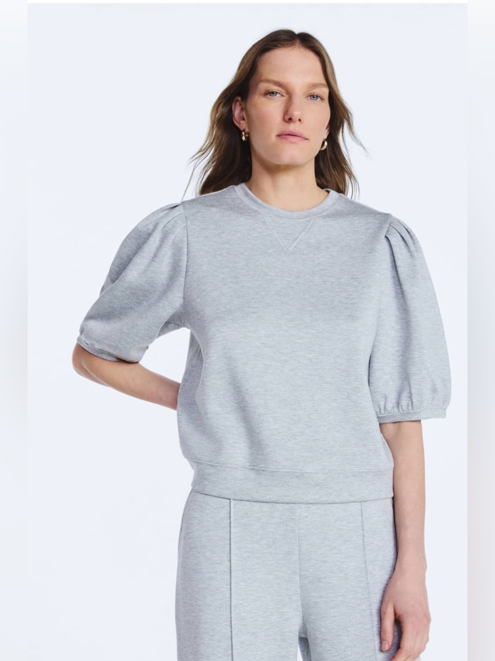 A. SCOOPI Puff-Sleeve Crewneck Scuba-knit Sweatshirt - Gray